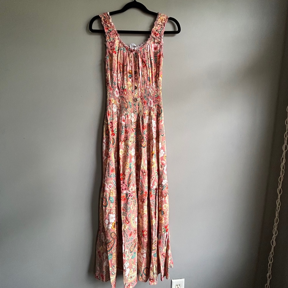 OSTOO Women Pink Floral Paisley Smocked Waist Tiered Maxi Dress Small
